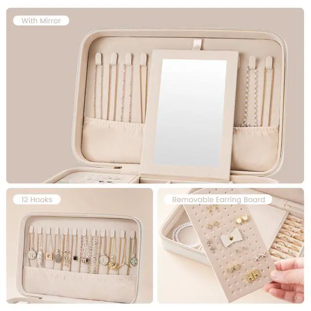 Alt view image 5 of 7 - Travel Jewelry Case for Women Girls, Travel Jewelry Organizer Box with Mirror & Clear Storage Bag, Small Portable Earring Necklace Bracelet Ring Case, Birthday Valentine Gifts -Large, White