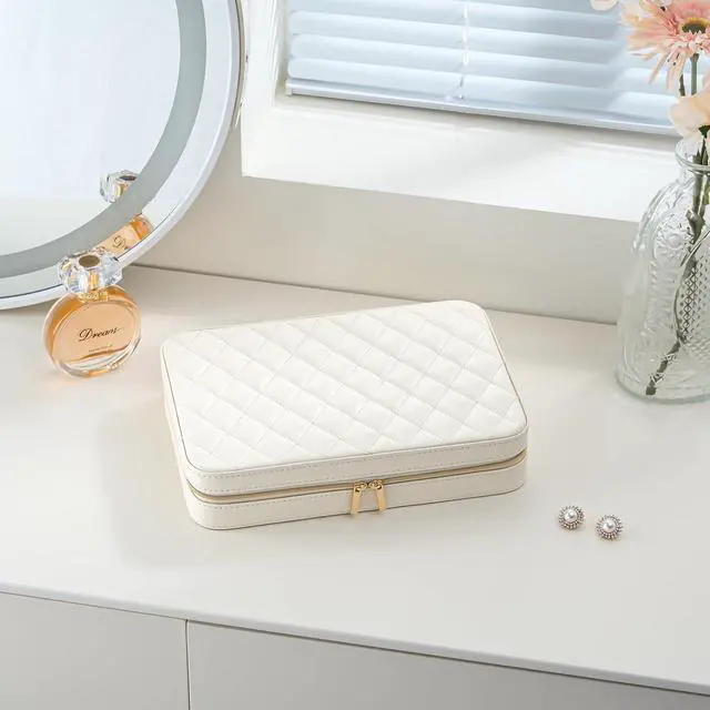 Alt view image 6 of 7 - Travel Jewelry Case for Women Girls, Travel Jewelry Organizer Box with Mirror & Clear Storage Bag, Small Portable Earring Necklace Bracelet Ring Case, Birthday Valentine Gifts -Large, White