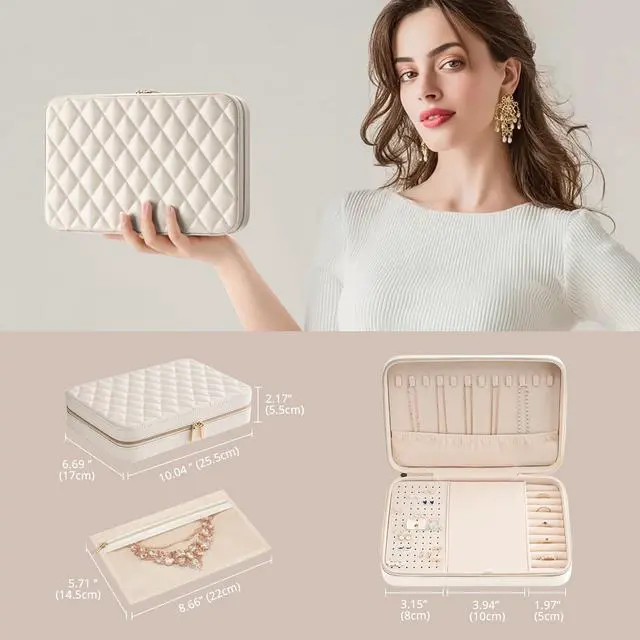 Alt view image 7 of 7 - Travel Jewelry Case for Women Girls, Travel Jewelry Organizer Box with Mirror & Clear Storage Bag, Small Portable Earring Necklace Bracelet Ring Case, Birthday Valentine Gifts -Large, White