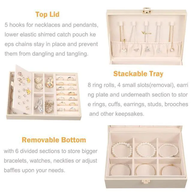 Alt view image 2 of 7 - Jewelry Box Organizer for Women Girls, 2 Layer Large Men Jewelry Storage Case, PU Leather Display Jewellery Holder with Removable Tray for Necklace Earrings Rings Bracelets, Vintage Gift,Apricot
