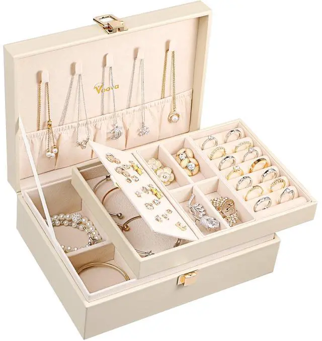 Main image of Jewelry Box Organizer for Women Girls, 2 Layer Large Men Jewelry Storage Case, PU Leather Display Jewellery Holder with Removable Tray for Necklace Earrings Rings Bracelets, Vintage Gift,Apricot