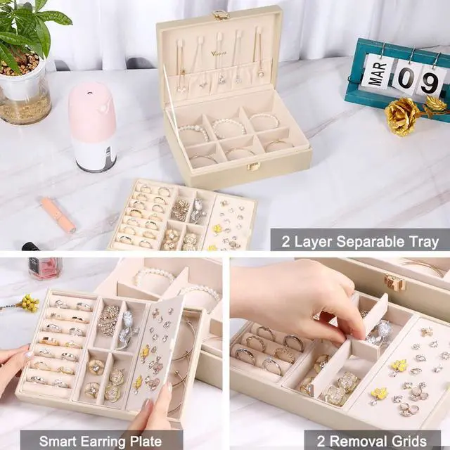 Alt view image 3 of 7 - Jewelry Box Organizer for Women Girls, 2 Layer Large Men Jewelry Storage Case, PU Leather Display Jewellery Holder with Removable Tray for Necklace Earrings Rings Bracelets, Vintage Gift,Apricot