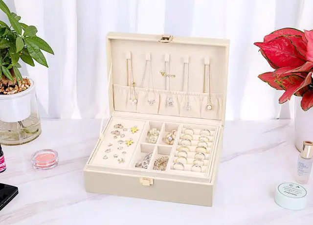 Alt view image 4 of 7 - Jewelry Box Organizer for Women Girls, 2 Layer Large Men Jewelry Storage Case, PU Leather Display Jewellery Holder with Removable Tray for Necklace Earrings Rings Bracelets, Vintage Gift,Apricot