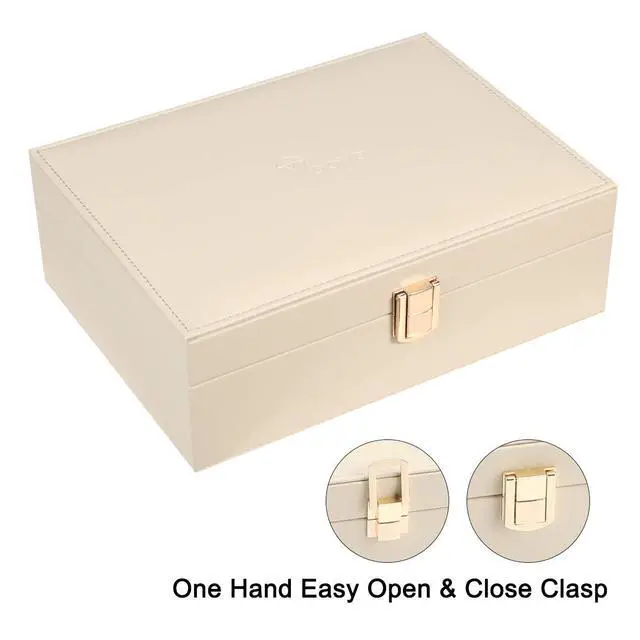 Alt view image 5 of 7 - Jewelry Box Organizer for Women Girls, 2 Layer Large Men Jewelry Storage Case, PU Leather Display Jewellery Holder with Removable Tray for Necklace Earrings Rings Bracelets, Vintage Gift,Apricot