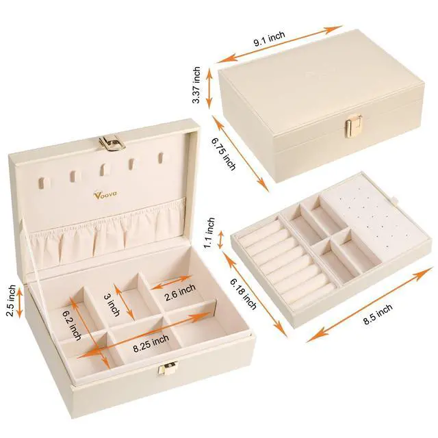 Alt view image 6 of 7 - Jewelry Box Organizer for Women Girls, 2 Layer Large Men Jewelry Storage Case, PU Leather Display Jewellery Holder with Removable Tray for Necklace Earrings Rings Bracelets, Vintage Gift,Apricot