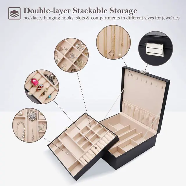 Alt view image 2 of 7 - Jewelry Box for Women, 2 Layers Large Leather Jewelry Organizer Storage Case with Removable Pad for Earrings -Black