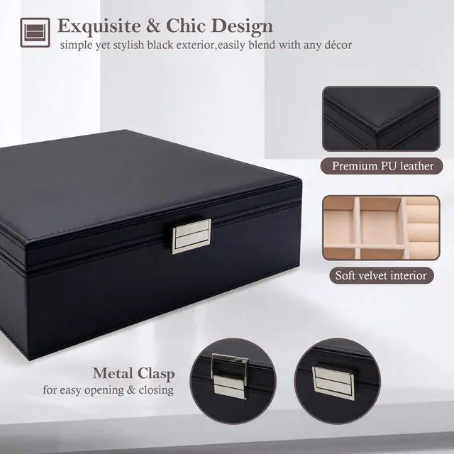 Alt view image 4 of 7 - Jewelry Box for Women, 2 Layers Large Leather Jewelry Organizer Storage Case with Removable Pad for Earrings -Black