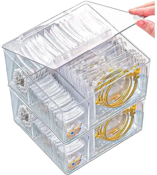 Main image of 2 Pack 4 In 1 Acrylic Jewelry Organizers and Storage with 120 Portable Anti Tarnish Jewelry Bags, Clear Jewelry Box Organizer, Travel Jewelry Case for Earrings/Rings/Necklaces for Women Girls