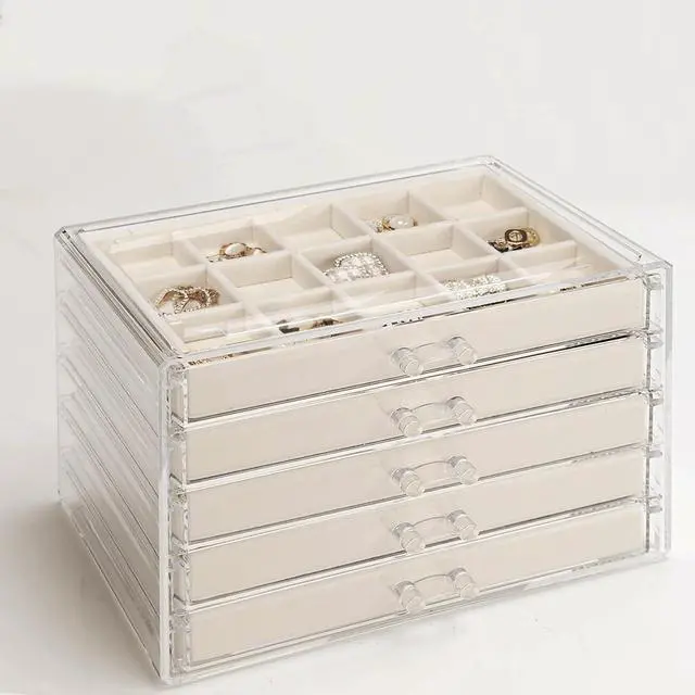 Main image of 5 Drawers Clear Jewelry Box for Women and Girls, Acrylic Earring Holder Organizer Ring Holder Display Storage, Mother's Day Warm White