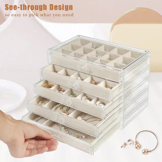 Alt view image 4 of 6 - 5 Drawers Clear Jewelry Box for Women and Girls, Acrylic Earring Holder Organizer Ring Holder Display Storage, Mother's Day Warm White