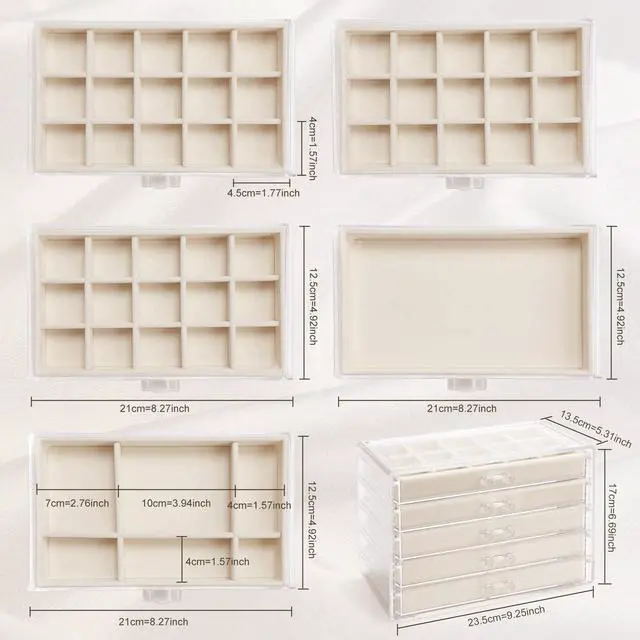 Alt view image 5 of 6 - 5 Drawers Clear Jewelry Box for Women and Girls, Acrylic Earring Holder Organizer Ring Holder Display Storage, Mother's Day Warm White