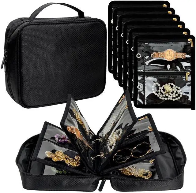 Main image of Travel Jewelry Organizer Case,Jewelry Bags for Traveling, Jewelry Binder with 24 Pcs Clear Zipper Velvet Pouches for Storing Earrings, Rings, Necklace, Bracelet, Watch (Black)
