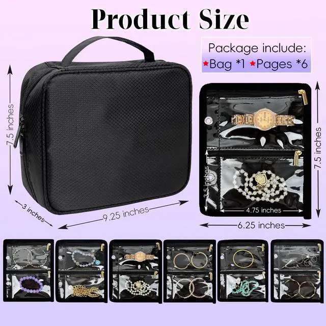 Alt view image 3 of 6 - Travel Jewelry Organizer Case,Jewelry Bags for Traveling, Jewelry Binder with 24 Pcs Clear Zipper Velvet Pouches for Storing Earrings, Rings, Necklace, Bracelet, Watch (Black)