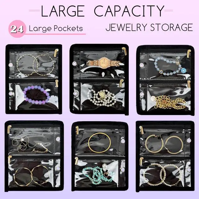 Alt view image 4 of 6 - Travel Jewelry Organizer Case,Jewelry Bags for Traveling, Jewelry Binder with 24 Pcs Clear Zipper Velvet Pouches for Storing Earrings, Rings, Necklace, Bracelet, Watch (Black)