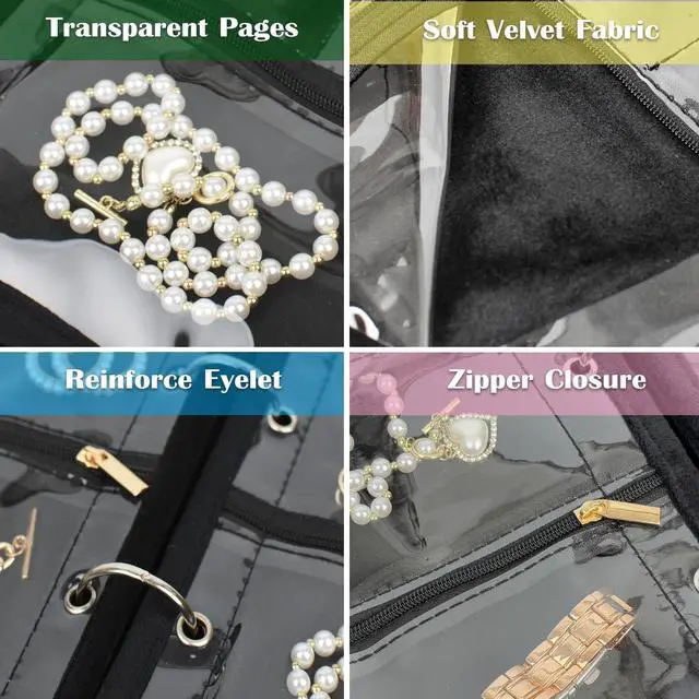 Alt view image 5 of 6 - Travel Jewelry Organizer Case,Jewelry Bags for Traveling, Jewelry Binder with 24 Pcs Clear Zipper Velvet Pouches for Storing Earrings, Rings, Necklace, Bracelet, Watch (Black)