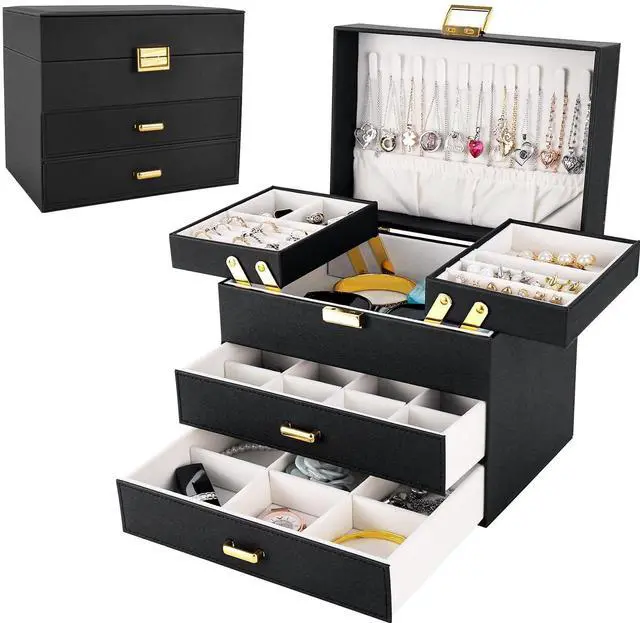 Main image of Jewelry Organizer Box, Large Jewelry Boxes for Women Girls, Space-Saving 4 Layers Jewelry Storage Case with Drawer, Movable Metal Stand, Modern, Gift Idea (Black + Gold)