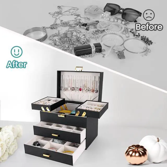 Alt view image 2 of 7 - Jewelry Organizer Box, Large Jewelry Boxes for Women Girls, Space-Saving 4 Layers Jewelry Storage Case with Drawer, Movable Metal Stand, Modern, Gift Idea (Black + Gold)