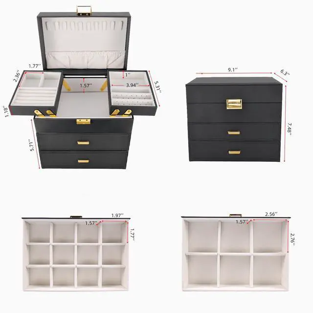 Alt view image 3 of 7 - Jewelry Organizer Box, Large Jewelry Boxes for Women Girls, Space-Saving 4 Layers Jewelry Storage Case with Drawer, Movable Metal Stand, Modern, Gift Idea (Black + Gold)
