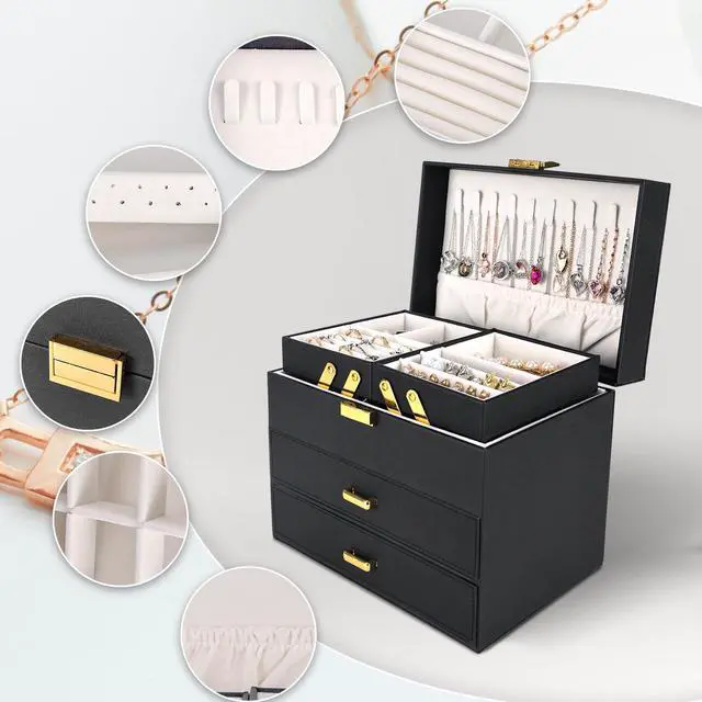Alt view image 4 of 7 - Jewelry Organizer Box, Large Jewelry Boxes for Women Girls, Space-Saving 4 Layers Jewelry Storage Case with Drawer, Movable Metal Stand, Modern, Gift Idea (Black + Gold)