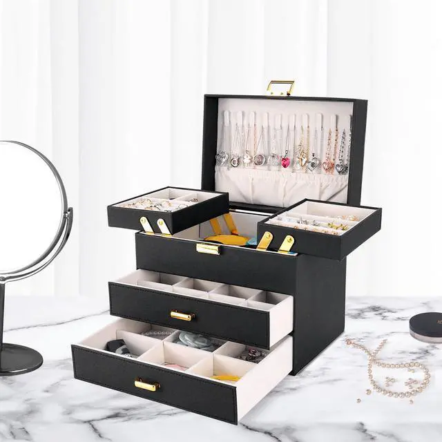 Alt view image 6 of 7 - Jewelry Organizer Box, Large Jewelry Boxes for Women Girls, Space-Saving 4 Layers Jewelry Storage Case with Drawer, Movable Metal Stand, Modern, Gift Idea (Black + Gold)