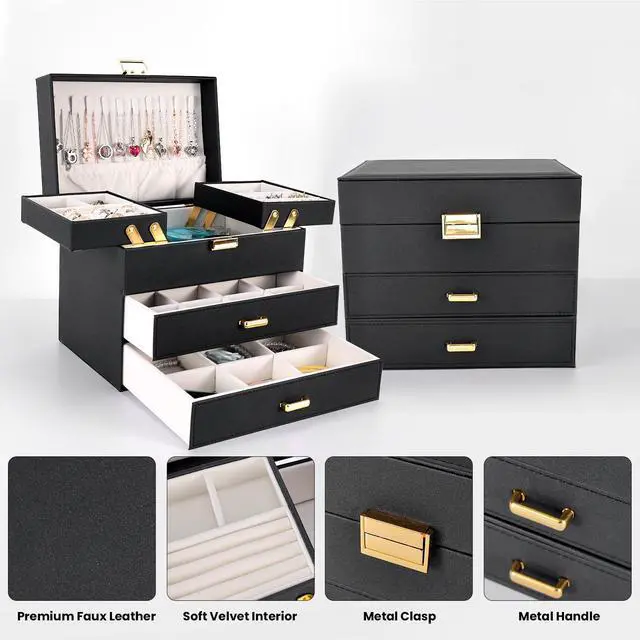 Alt view image 5 of 7 - Jewelry Organizer Box, Large Jewelry Boxes for Women Girls, Space-Saving 4 Layers Jewelry Storage Case with Drawer, Movable Metal Stand, Modern, Gift Idea (Black + Gold)