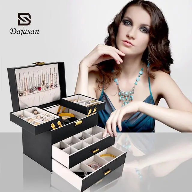 Alt view image 7 of 7 - Jewelry Organizer Box, Large Jewelry Boxes for Women Girls, Space-Saving 4 Layers Jewelry Storage Case with Drawer, Movable Metal Stand, Modern, Gift Idea (Black + Gold)