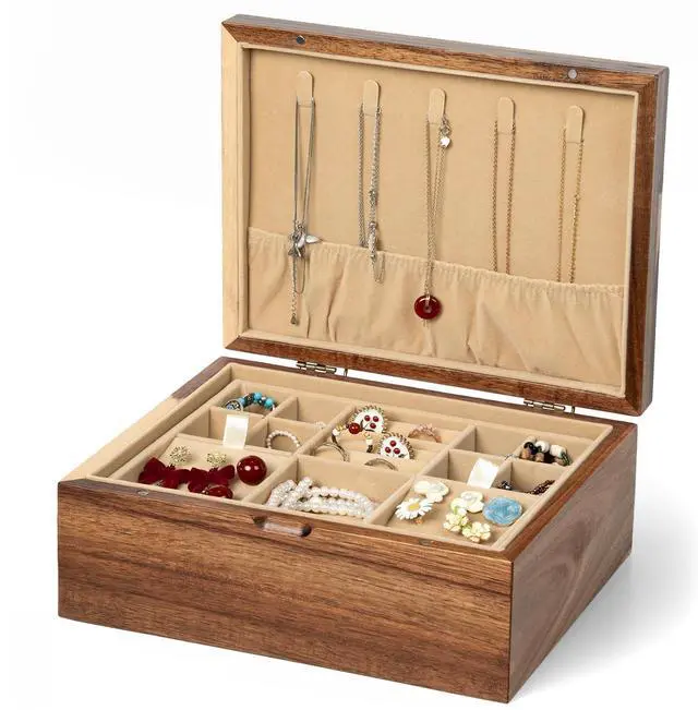 Main image of Acacia Wood Jewelry Box Organizers, Wooden Jewellery Organizer with Hinged Lids and Removable Jewelry Tray for Necklace Earring Rings and Bracelet