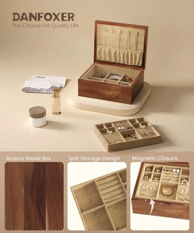 Alt view image 2 of 6 - Acacia Wood Jewelry Box Organizers, Wooden Jewellery Organizer with Hinged Lids and Removable Jewelry Tray for Necklace Earring Rings and Bracelet