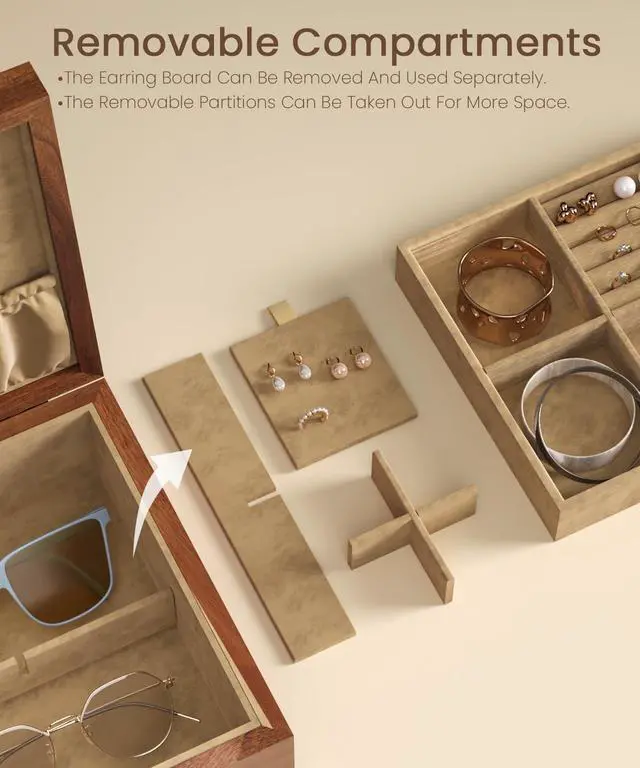 Alt view image 3 of 6 - Acacia Wood Jewelry Box Organizers, Wooden Jewellery Organizer with Hinged Lids and Removable Jewelry Tray for Necklace Earring Rings and Bracelet
