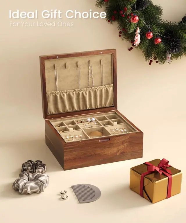 Alt view image 5 of 6 - Acacia Wood Jewelry Box Organizers, Wooden Jewellery Organizer with Hinged Lids and Removable Jewelry Tray for Necklace Earring Rings and Bracelet