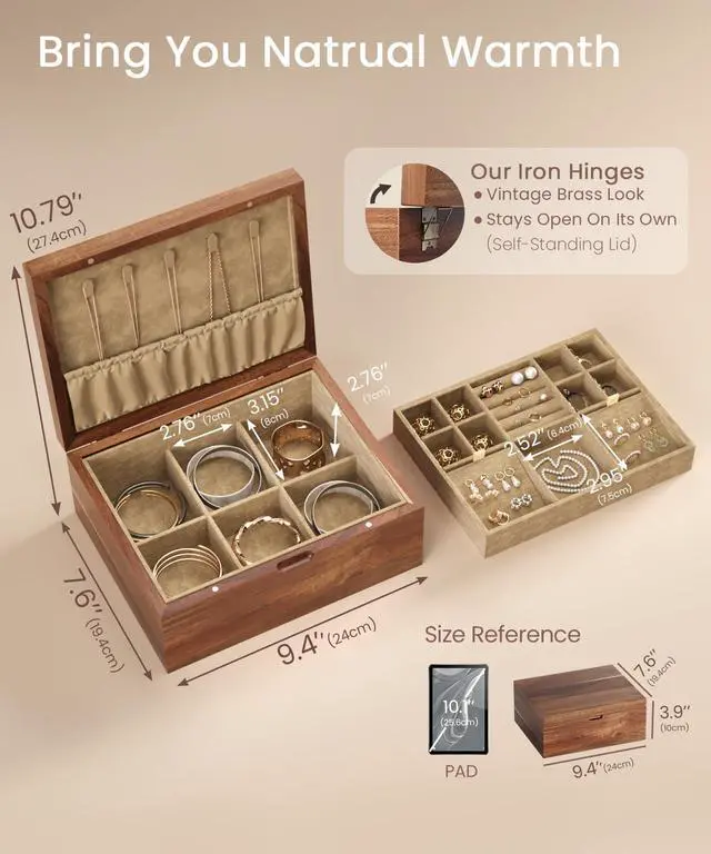 Alt view image 6 of 6 - Acacia Wood Jewelry Box Organizers, Wooden Jewellery Organizer with Hinged Lids and Removable Jewelry Tray for Necklace Earring Rings and Bracelet