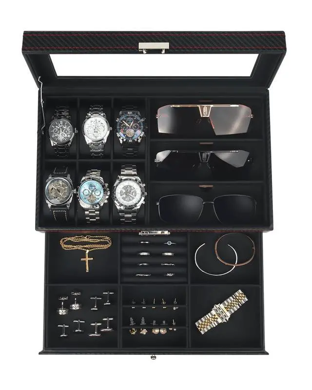 Main image of Watch Jewelry Box Organizer, 6-Slot 2-Layer Watch Case and Sunglasses Storage with Large Glass Lid, Men's Jewelry Box with Lock, Watch Holder Display Case, Fathers Day Gift for Dad