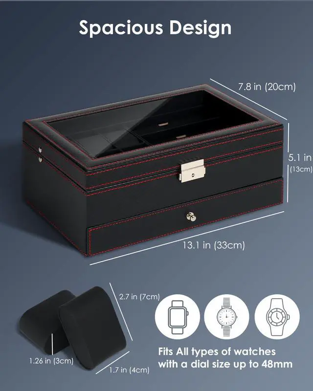 Alt view image 6 of 7 - Watch Jewelry Box Organizer, 6-Slot 2-Layer Watch Case and Sunglasses Storage with Large Glass Lid, Men's Jewelry Box with Lock, Watch Holder Display Case, Fathers Day Gift for Dad