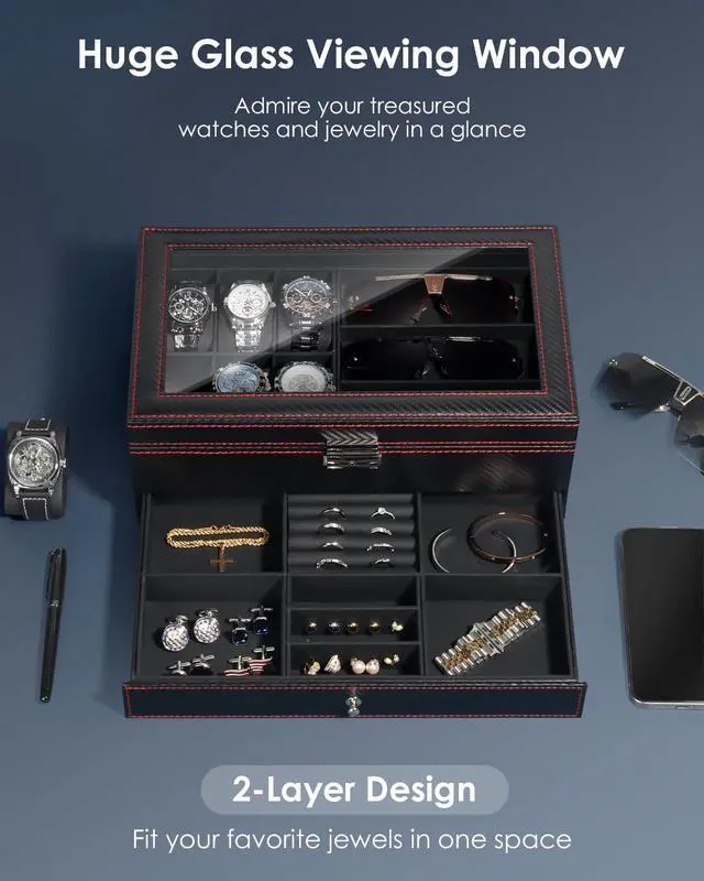 Alt view image 2 of 7 - Watch Jewelry Box Organizer, 6-Slot 2-Layer Watch Case and Sunglasses Storage with Large Glass Lid, Men's Jewelry Box with Lock, Watch Holder Display Case, Fathers Day Gift for Dad