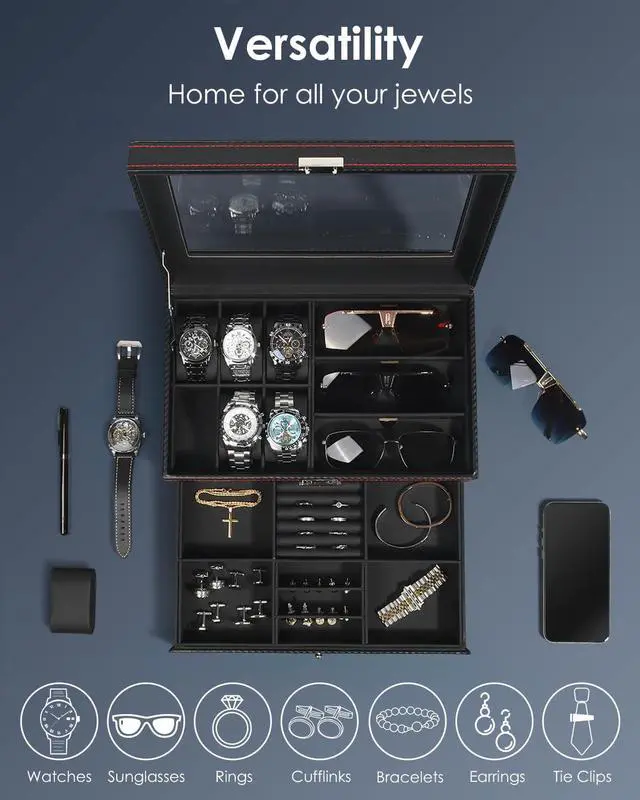 Alt view image 3 of 7 - Watch Jewelry Box Organizer, 6-Slot 2-Layer Watch Case and Sunglasses Storage with Large Glass Lid, Men's Jewelry Box with Lock, Watch Holder Display Case, Fathers Day Gift for Dad