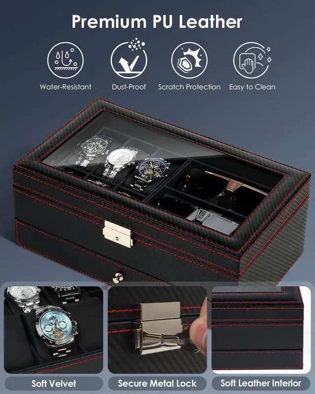Alt view image 4 of 7 - Watch Jewelry Box Organizer, 6-Slot 2-Layer Watch Case and Sunglasses Storage with Large Glass Lid, Men's Jewelry Box with Lock, Watch Holder Display Case, Fathers Day Gift for Dad