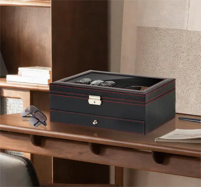 Alt view image 5 of 7 - Watch Jewelry Box Organizer, 6-Slot 2-Layer Watch Case and Sunglasses Storage with Large Glass Lid, Men's Jewelry Box with Lock, Watch Holder Display Case, Fathers Day Gift for Dad