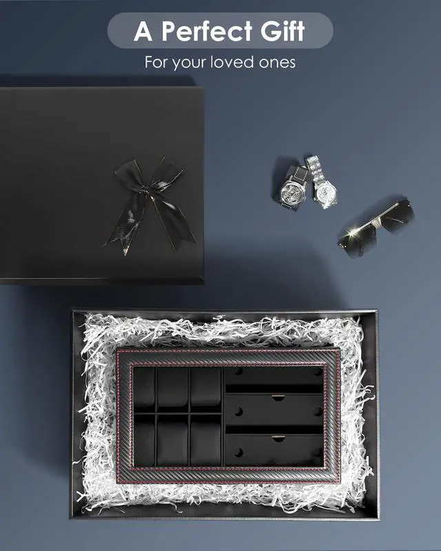 Alt view image 7 of 7 - Watch Jewelry Box Organizer, 6-Slot 2-Layer Watch Case and Sunglasses Storage with Large Glass Lid, Men's Jewelry Box with Lock, Watch Holder Display Case, Fathers Day Gift for Dad