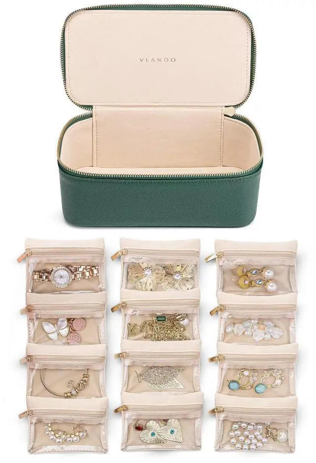 Main image of Jewelry Travel Case,Travel Jewelry Organizer with Clear Velvet Jewelry Bags 12Pcs Zipper Pouch for Women Girl Gift-Green