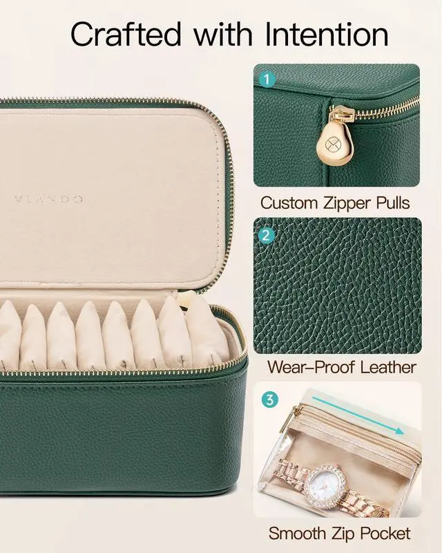 Alt view image 3 of 7 - Jewelry Travel Case,Travel Jewelry Organizer with Clear Velvet Jewelry Bags 12Pcs Zipper Pouch for Women Girl Gift-Green