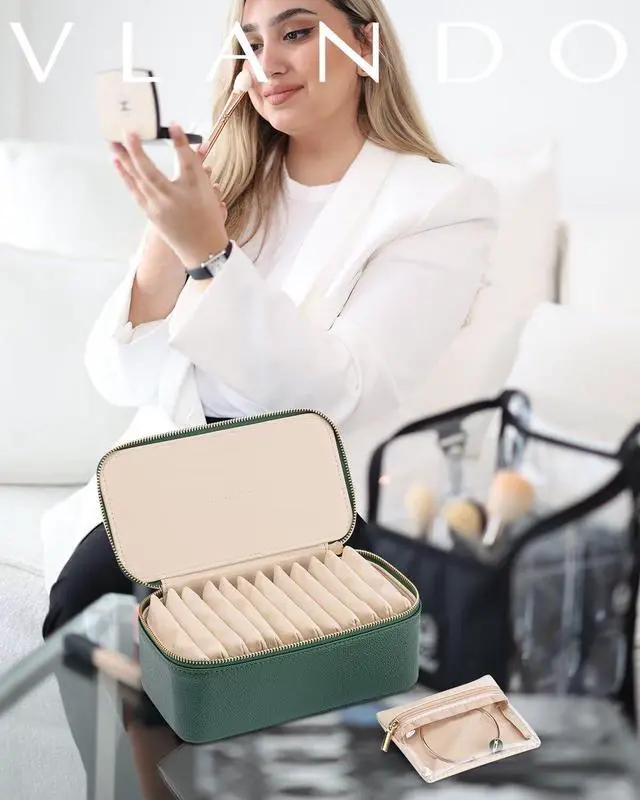 Alt view image 7 of 7 - Jewelry Travel Case,Travel Jewelry Organizer with Clear Velvet Jewelry Bags 12Pcs Zipper Pouch for Women Girl Gift-Green