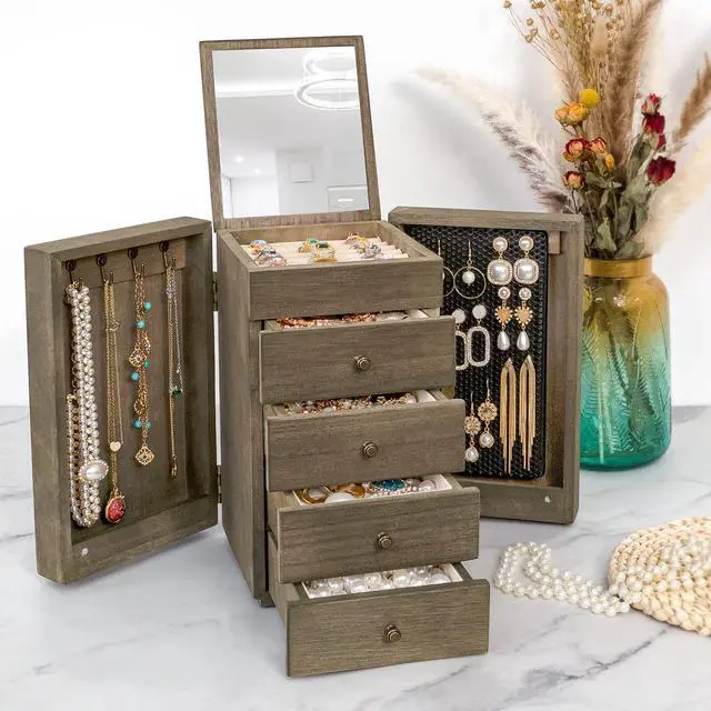 Main image of Jewelry Box Wood for Women, 5-Layer Large Organizer Box with Mirror & 4 Drawers for Rings, Earrings, Necklaces, Vintage Style, Weathered Grey