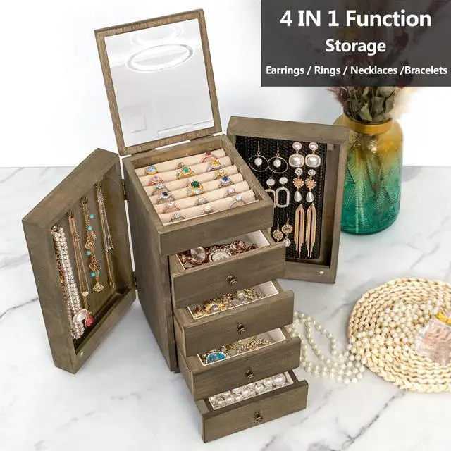 Alt view image 2 of 7 - Jewelry Box Wood for Women, 5-Layer Large Organizer Box with Mirror & 4 Drawers for Rings, Earrings, Necklaces, Vintage Style, Weathered Grey