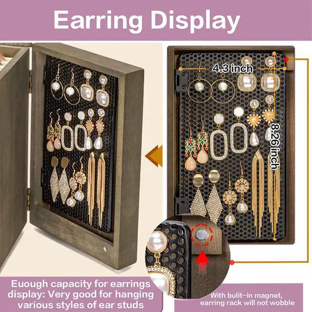 Alt view image 3 of 7 - Jewelry Box Wood for Women, 5-Layer Large Organizer Box with Mirror & 4 Drawers for Rings, Earrings, Necklaces, Vintage Style, Weathered Grey