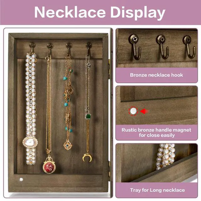 Alt view image 5 of 7 - Jewelry Box Wood for Women, 5-Layer Large Organizer Box with Mirror & 4 Drawers for Rings, Earrings, Necklaces, Vintage Style, Weathered Grey