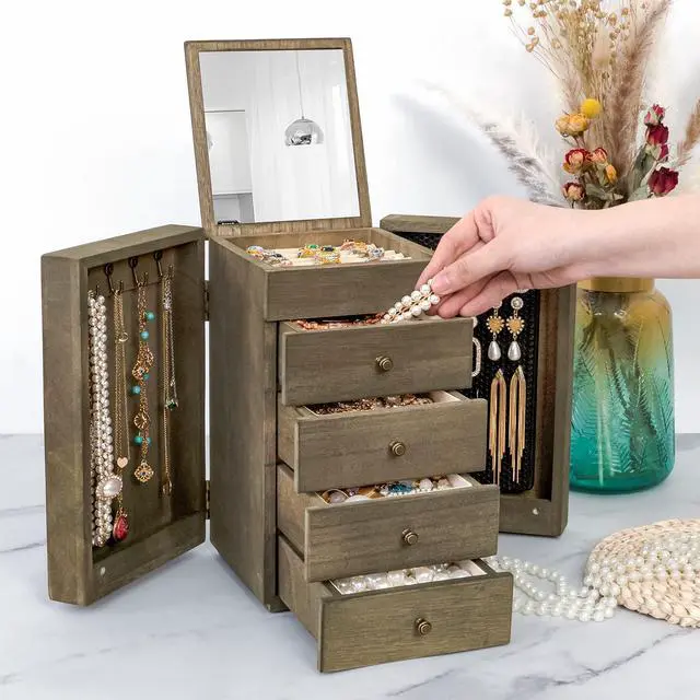 Alt view image 6 of 7 - Jewelry Box Wood for Women, 5-Layer Large Organizer Box with Mirror & 4 Drawers for Rings, Earrings, Necklaces, Vintage Style, Weathered Grey