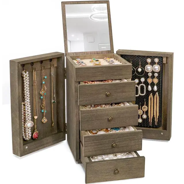 Alt view image 7 of 7 - Jewelry Box Wood for Women, 5-Layer Large Organizer Box with Mirror & 4 Drawers for Rings, Earrings, Necklaces, Vintage Style, Weathered Grey