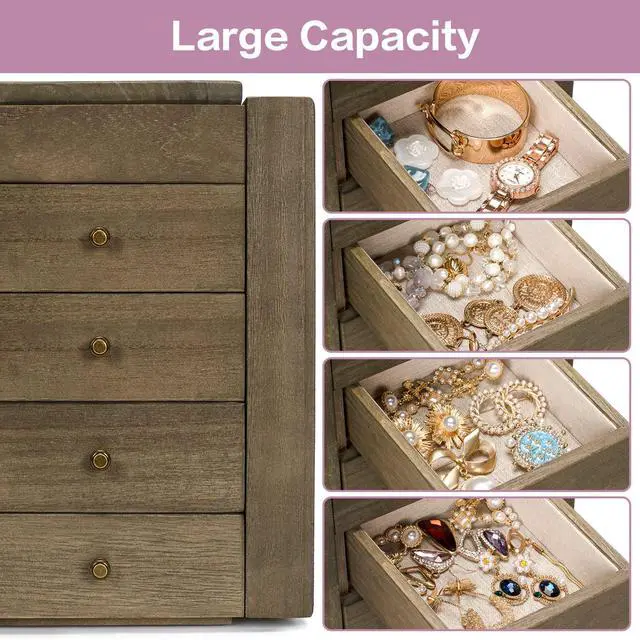 Alt view image 4 of 7 - Jewelry Box Wood for Women, 5-Layer Large Organizer Box with Mirror & 4 Drawers for Rings, Earrings, Necklaces, Vintage Style, Weathered Grey