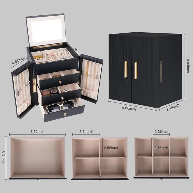 Alt view image 2 of 7 - Large Jewelry Box for Women, Jewelry Organizer Box with 3 Drawers, Jewelry Storage Organizer with Mirror for Necklace Ring Bracelet Watch, Gift Idea, 8.7 x 7.5 x 9.8 Inches (Black)