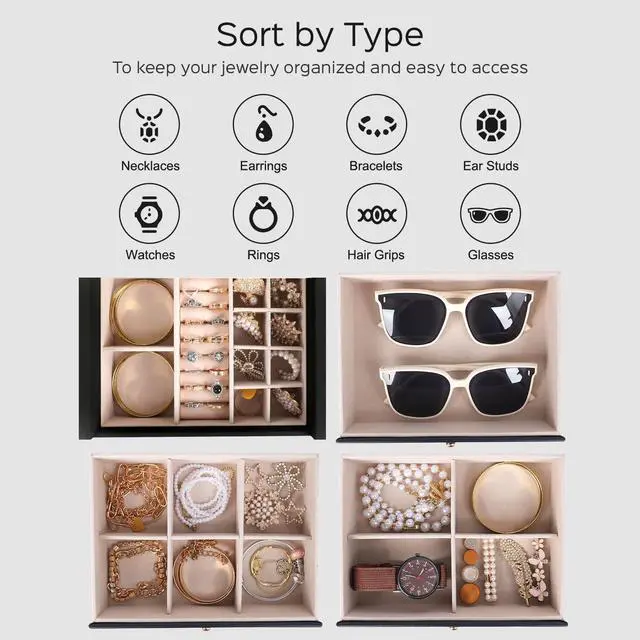 Alt view image 3 of 7 - Large Jewelry Box for Women, Jewelry Organizer Box with 3 Drawers, Jewelry Storage Organizer with Mirror for Necklace Ring Bracelet Watch, Gift Idea, 8.7 x 7.5 x 9.8 Inches (Black)